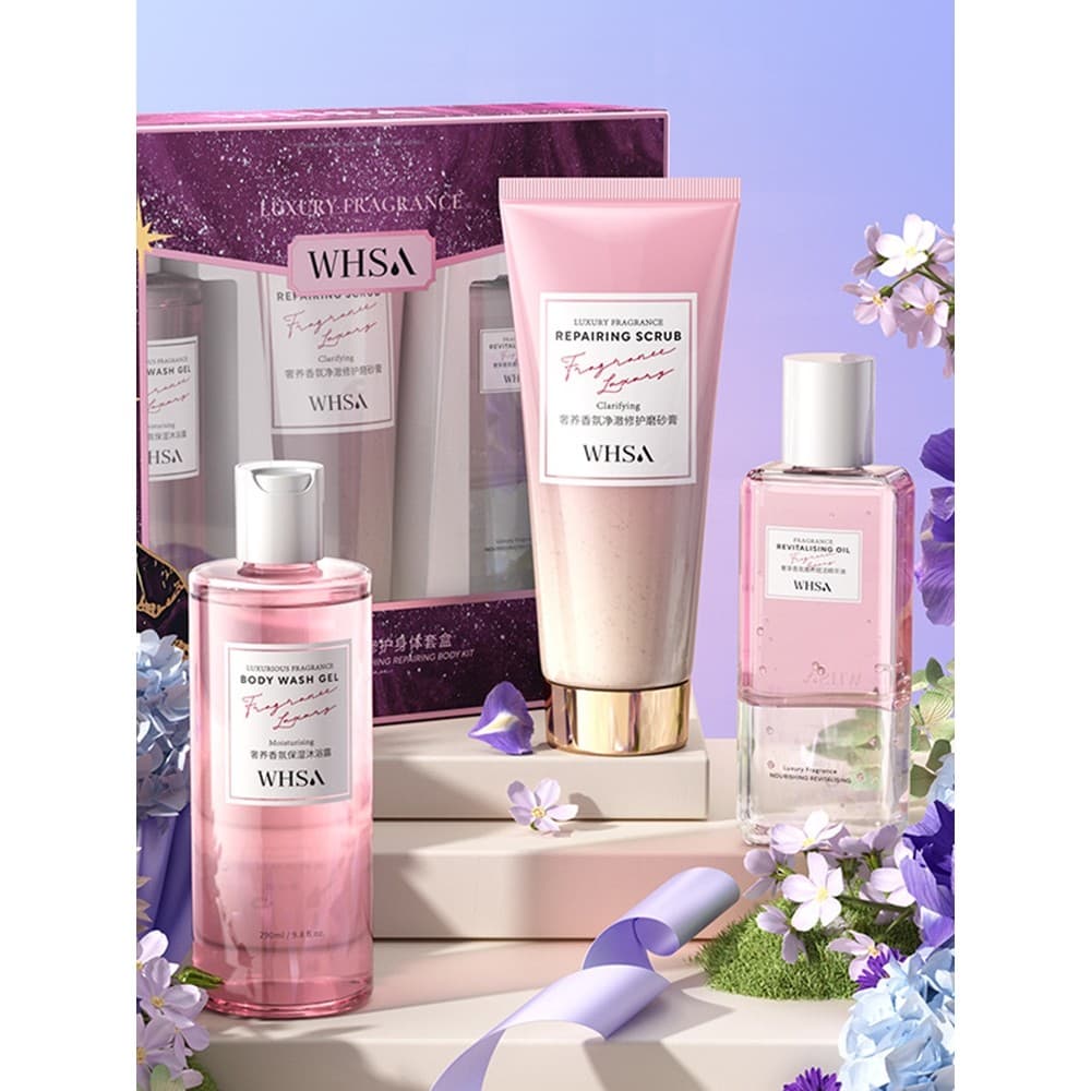 Genuíno Whsa fragrância corpo conjunto Gel de banho esfrega loção corporal esfoliante conjunto caixa presente lembrança
