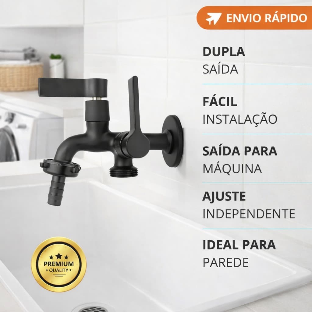Torneira Tanque Máquina de Lavar Lavanderia Duas Saídas Preto Fosco Metal