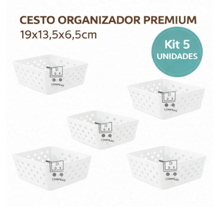 Kit 5 Cesto Organizador Multiuso Premium Branco 19x13,5x6,5 cm Armario Gaveta Geladeira Banheiro Cozinha Lavandeira