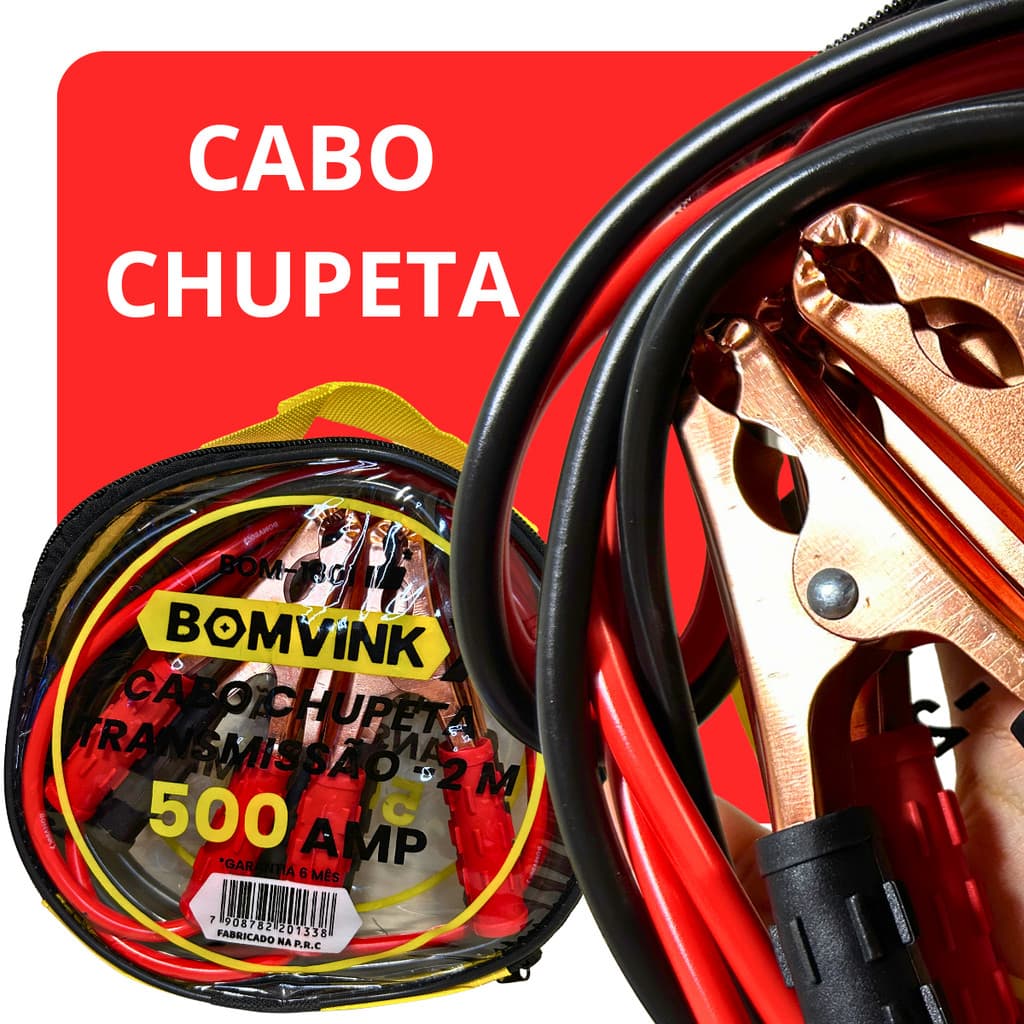 Cabo Chupeta 500A 2 Metros | Auxiliar Bateria Carro Moto Caminhão | Pinça Cobre Bolsa