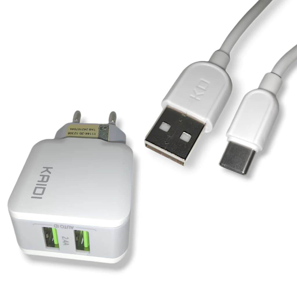 Carregador Rápido Turbo 2.4A Duas Saídas USB + Cabo Tipo C Incluso - KD-301C