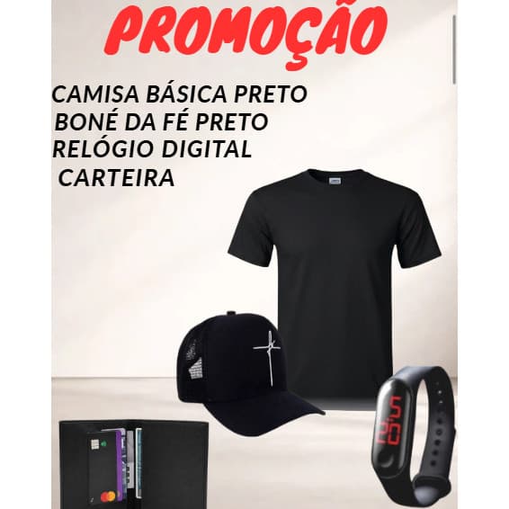Camisa básica preta+boné da fé preto+carteira+relógio digital