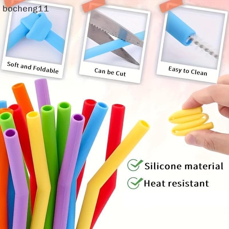 bo 6 Peças De Canudos De Silicone Reutilizáveis Com Escovas De Limpeza , Para Água , Leite , Sucos , Smoothies , Retos/D