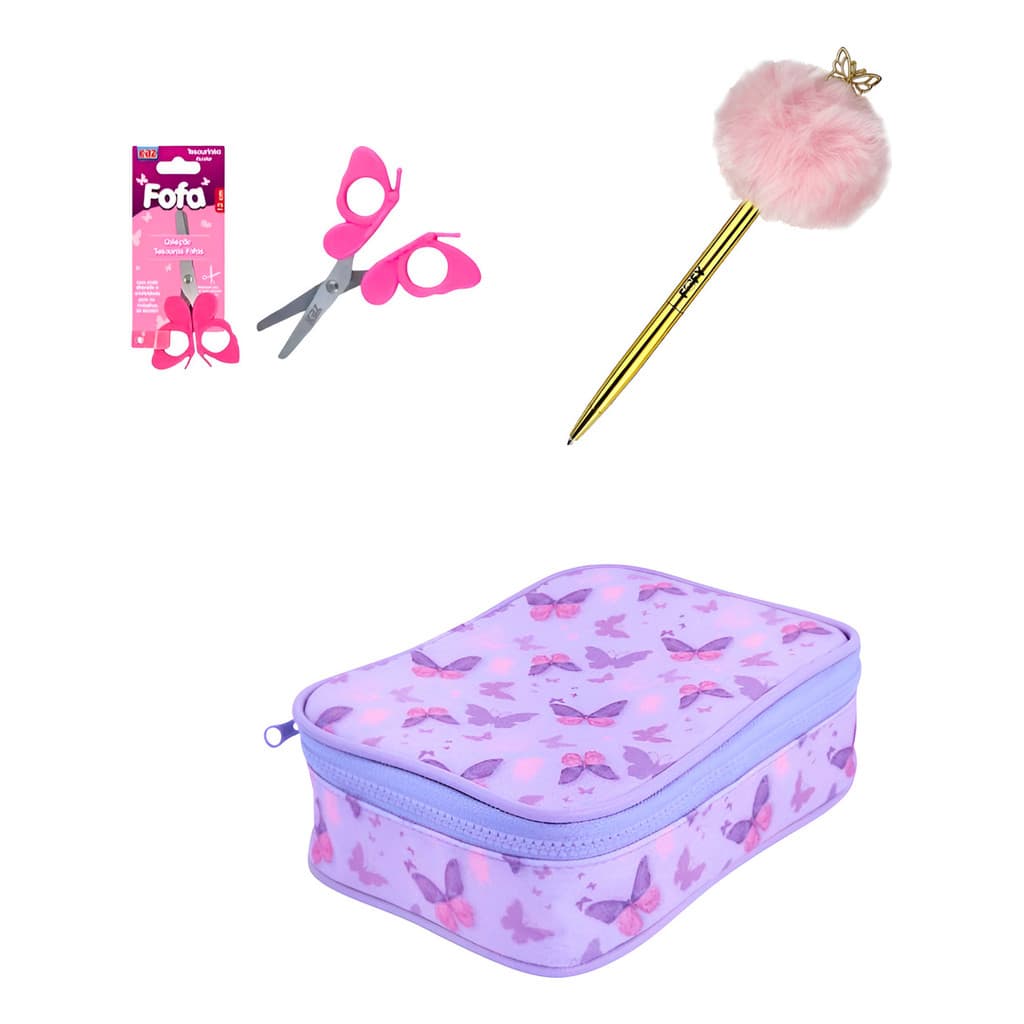 Kit Escolar Borboleta Estojo Bau 1 Repartição Caneta Tesoura