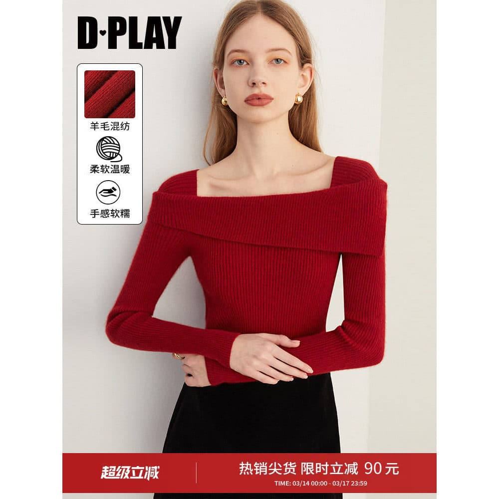 DPLAY Suéter vermelho outono francês Slim fit suéter de um ombro feminino