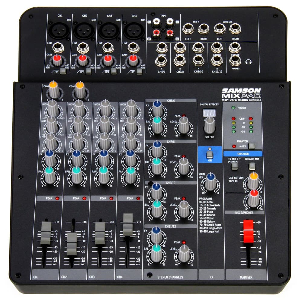 Mesa de Som Samson MXP124FX 12 Canais 4 Auxiliares Efeitos Digitais USB