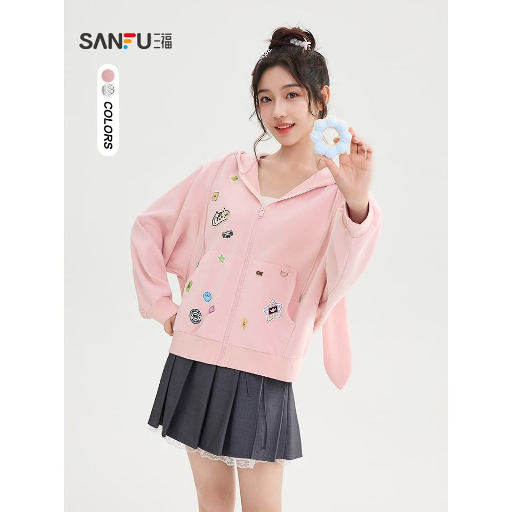 Sanfu moletom jaqueta 2026 novo estilo outono destacável orelhas de coelho com capuz solto Cardigan roupas femininas5075