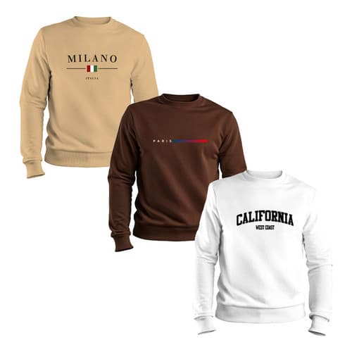 Kit 3 Moletom Gola Redonda Milano Paris Califórnia Masculino