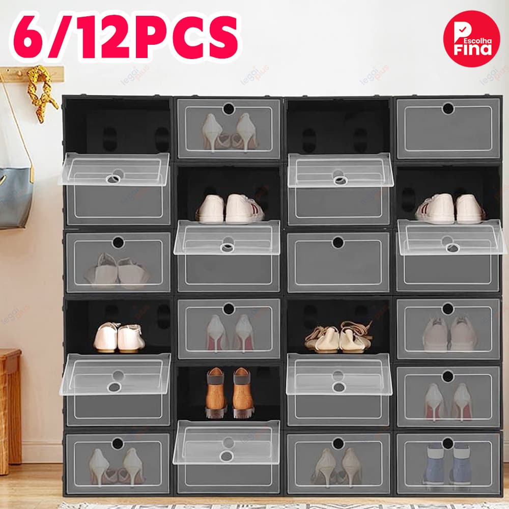Caixas Empilháveis c/ Tampa Flip p/ Calçados – Escolha 6 ou 12 Unidades