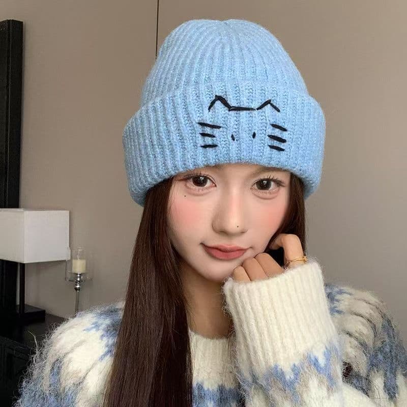 Chapéu de malha de gato bonito feminino inverno engrossado chapéu de lã quente All-Match rosto-olhando pequeno Baotou ch