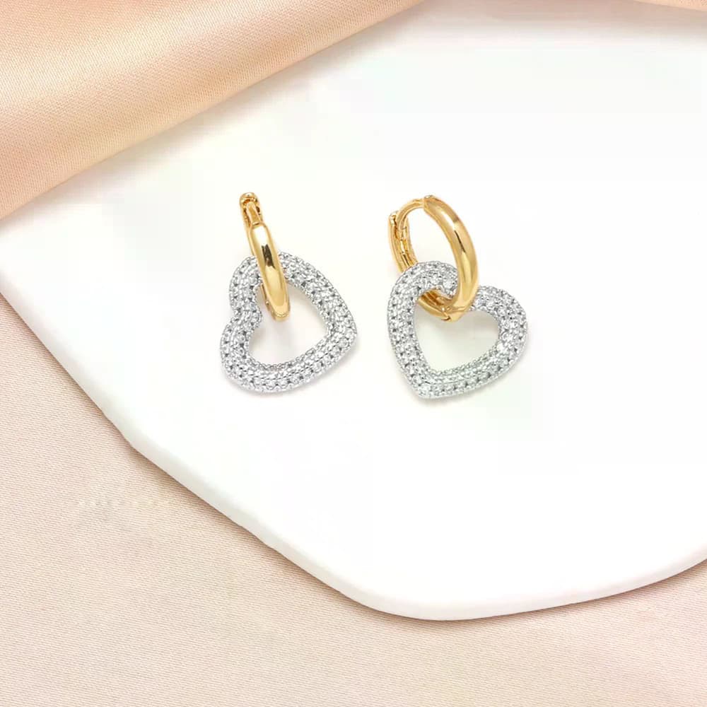Brincos de Coração de Cristal Banhados a Ouro para Mulheres, Brincos com Pingente de Zircônia AAA, Joias de Zircônia Cúb