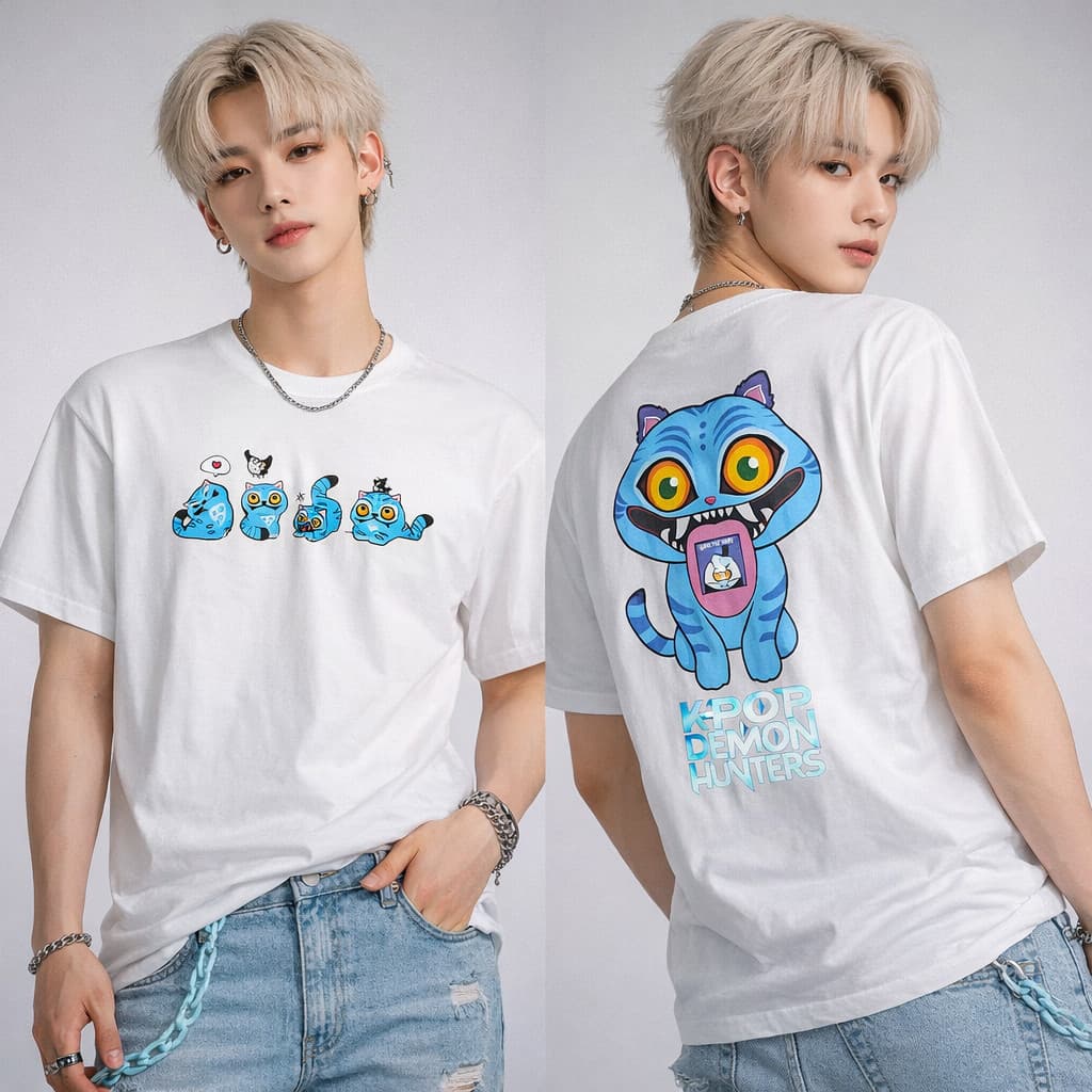 Tendencia Jovem Camiseta 100%Algodão Unissex Derpy Tiger K-Pop Demon Hunters T-Shirt Guerreiras do K-Pop Gato Azul