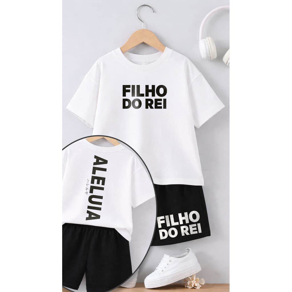 Roupa Infantil Evangélica Aleluia Conjunto Gospel Camiseta e Shorts Criança Juvenil Unissex