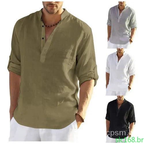 Camisa masculina de manga longa em algodão e linho XYQU
