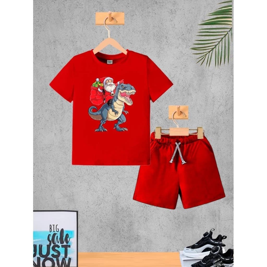 Camiseta + Short Conjunto Infantil Papai Noel C Dino Conjunto De Bermuda Juvenil Conjunto De Bermuda Juvenil
