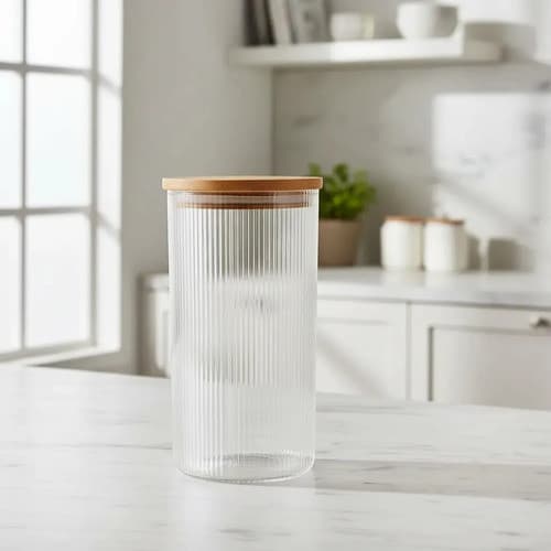 Pote De Vidro Borossilicato Listrado Com Tampa De Bambu 1,4l Transparente