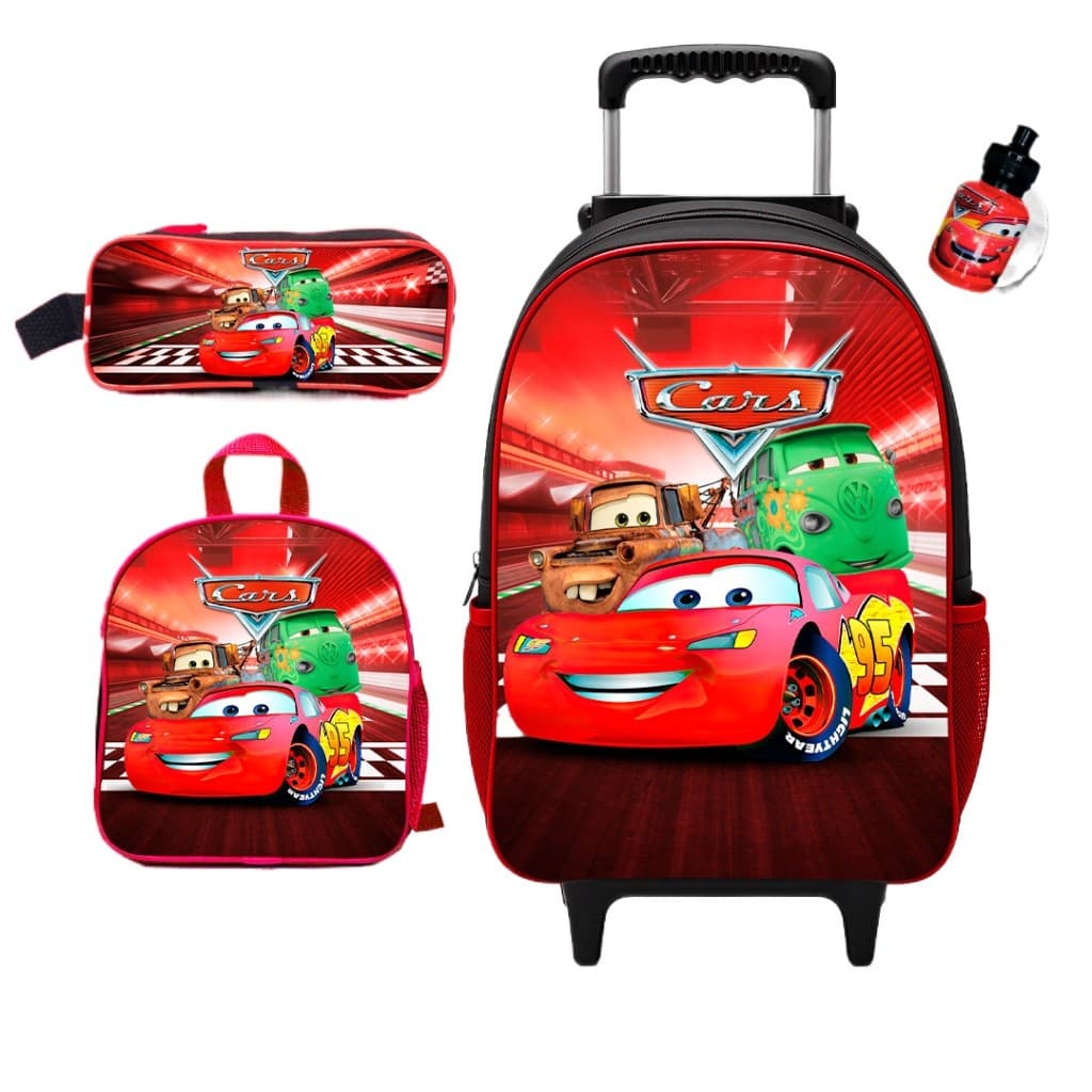 Mochila Escolar de rodinha Carros + Lancheira Térmica + Estojo