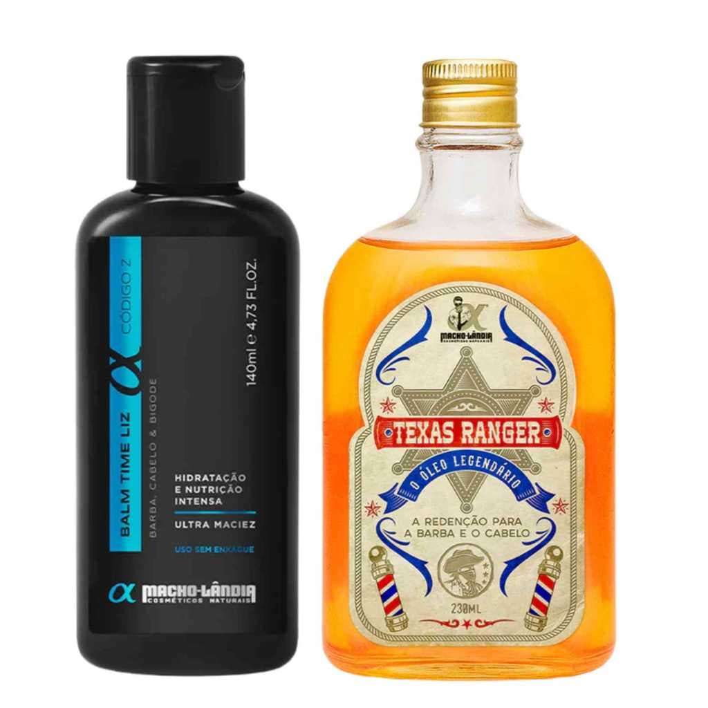 Kit Macho-Lândia Balm de Barba Time Liz Código Z 140ml + Óleo Texas Ranger 230mL Profissional Hidratação e Proteção