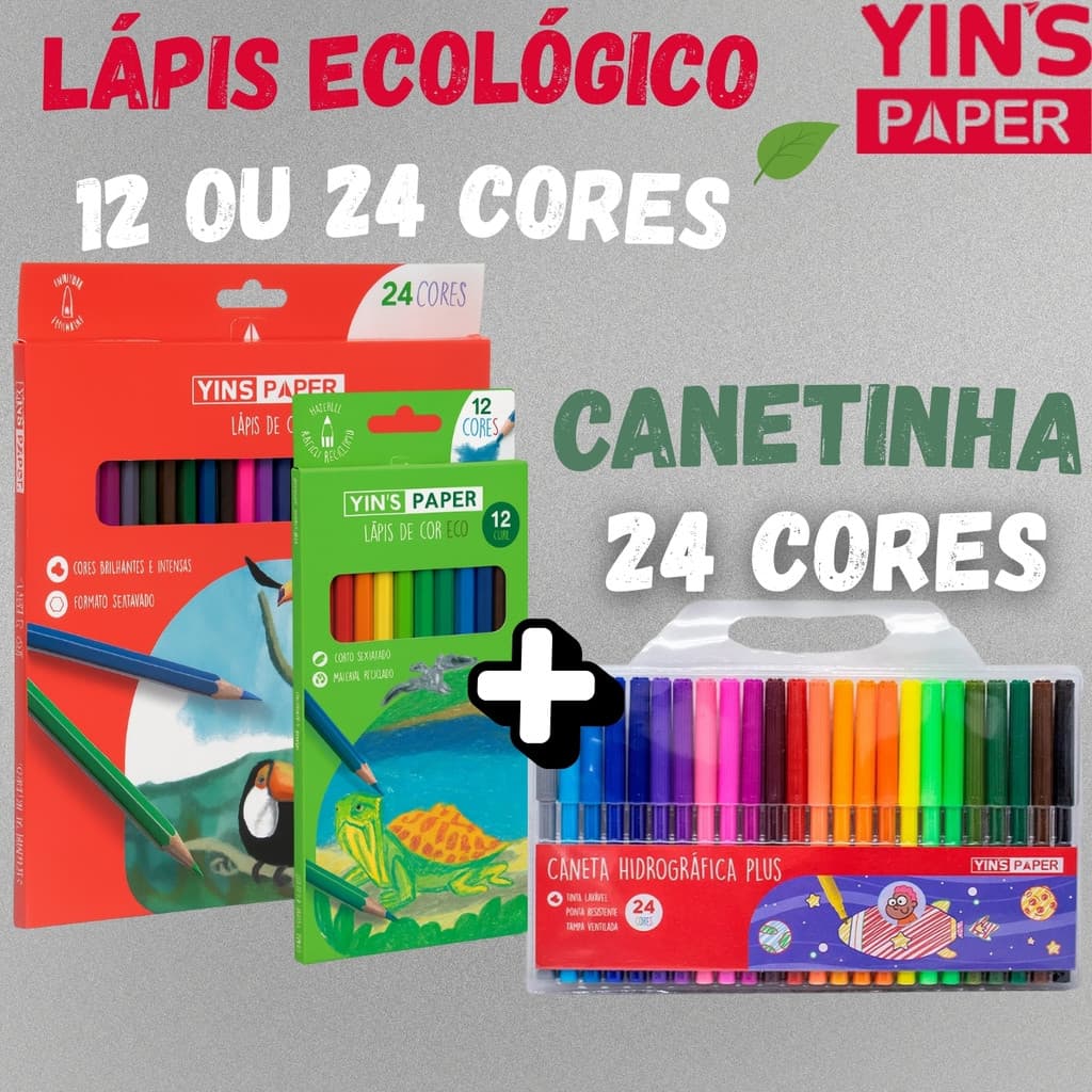 Lapis de Cor 12 e 24 Cores + Canetinha 24 Cores Escolar Desenho Pintura Infantil Artístico