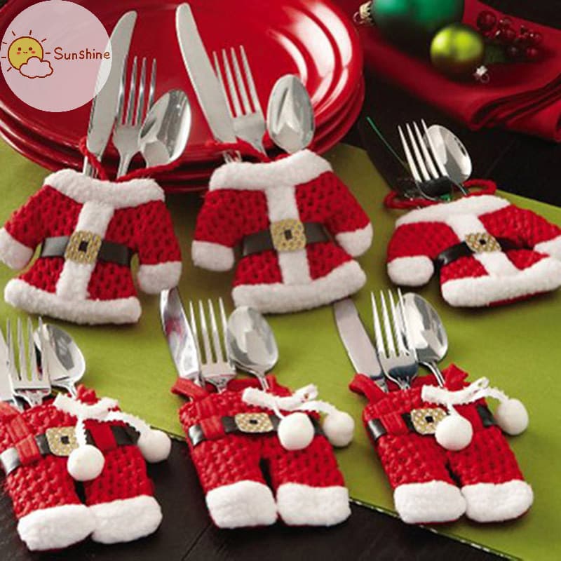 Portas da OMS 6x talheres de Natal Papai Noel em sacos de prata ornamentos bF5I