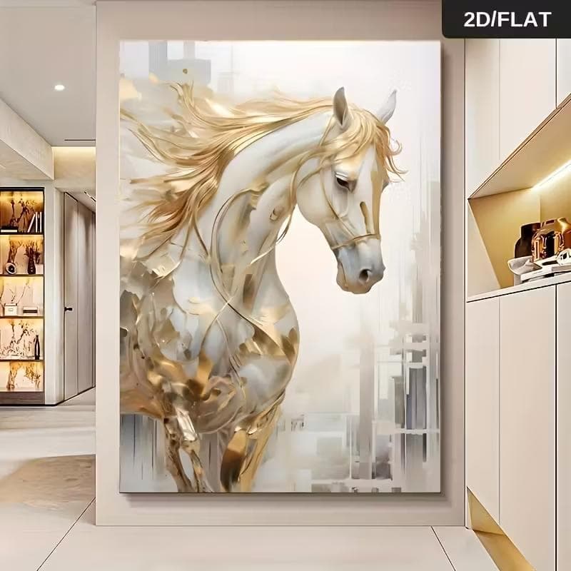Quadro Decorativo Cavalo Branco com Fluidez Dourada