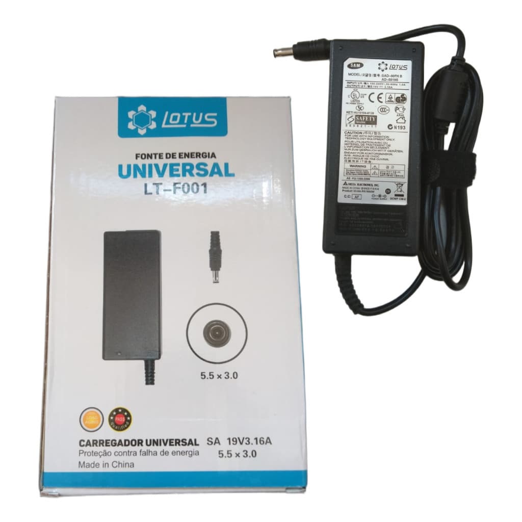 Fonte P/ Notebook 19v 3.16a Pino 5.5 X 3.0mm Lotus Lt F001