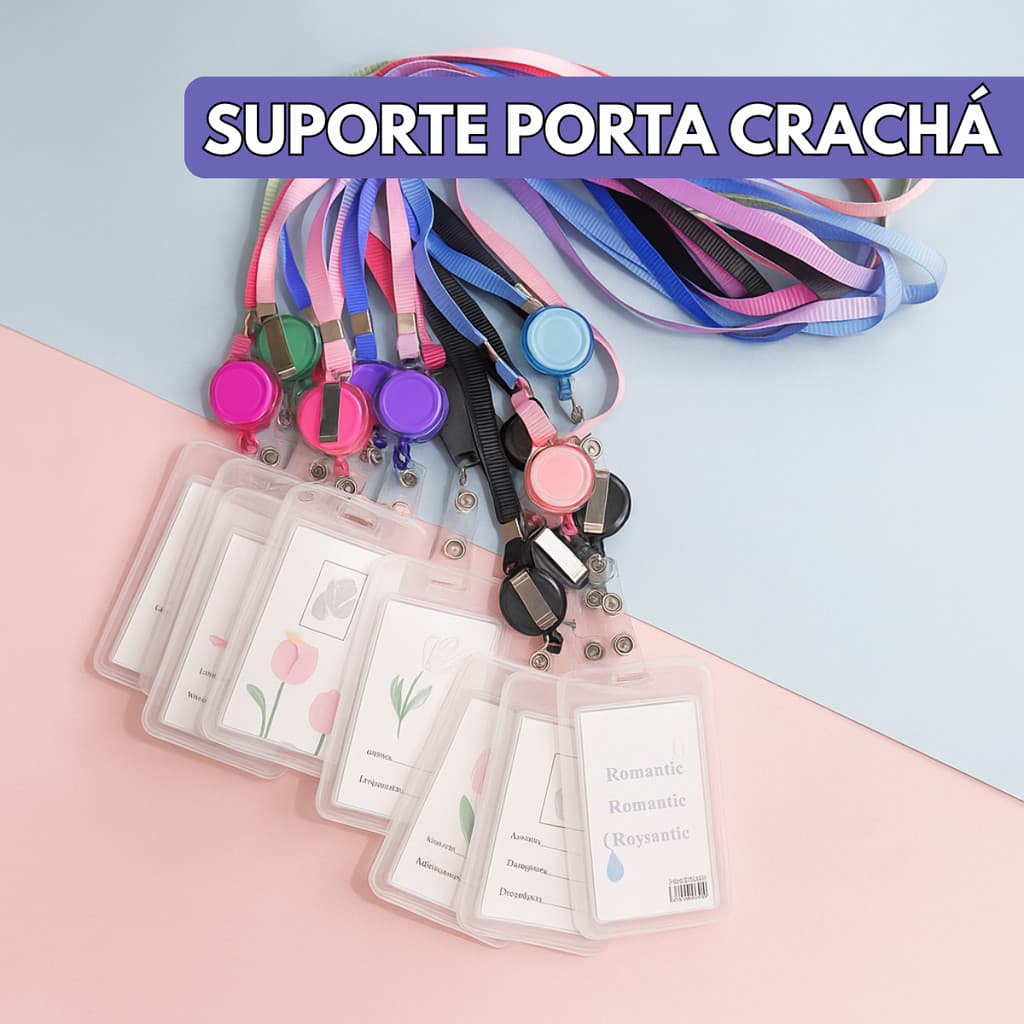 Cordão C/ Porta Crachá Roller Clip Retrátil Suporte Plástico Cartão Bilhete Único - Escolha Seu Kit