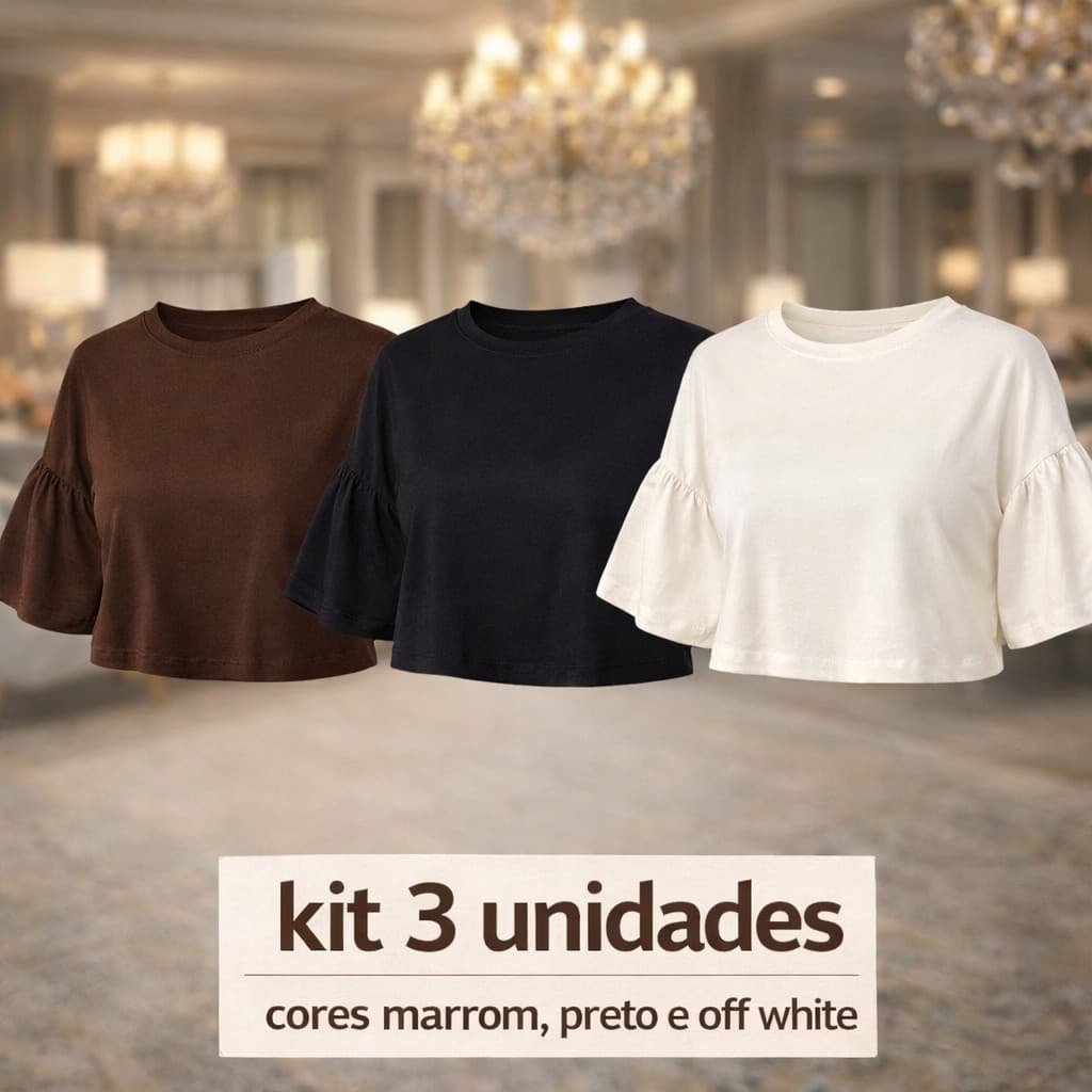 Kit 3 Cropped Feminino Luna Manga Curta Básico | Marrom Preto Off-White | Moda Casual