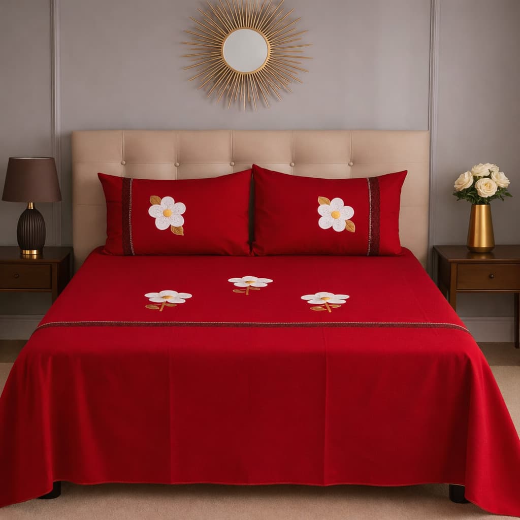 Jogo de Cama Lençol Casal Bordado 3 Peças Oxford  Floral Com 2 Fronhas Colcha Casal Sem Babado