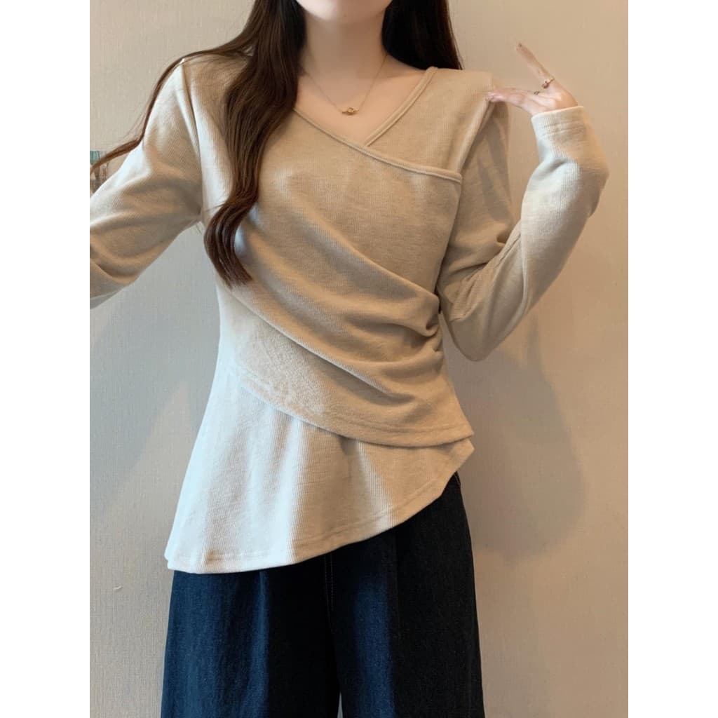 Plus Size roupas femininas gordura mm High-End estilo ocidental Irregular com decote em V camisola início do outono cint