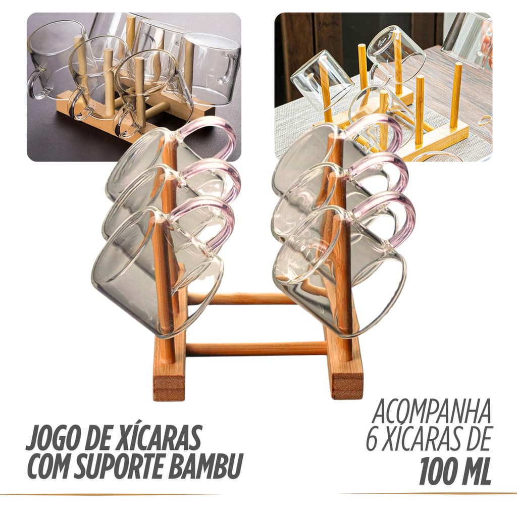 Jogo 6 Xícaras com Suporte de Bambu Multiuso Canto do Café