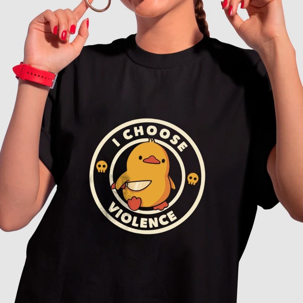 Camiseta Básica Algodão Feminina I Choose Violence Angry Funny Duck