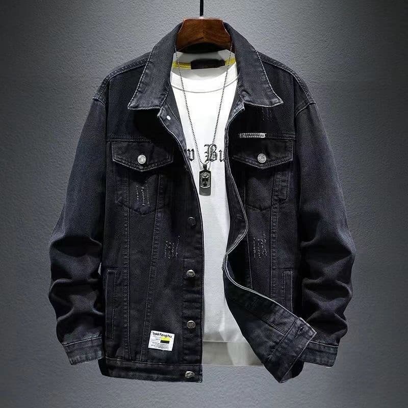 Jaqueta jeans americana retrô com ferramentas, jaqueta jeans masculina, roupa de rua, rufião, bonito, solta, combinada,