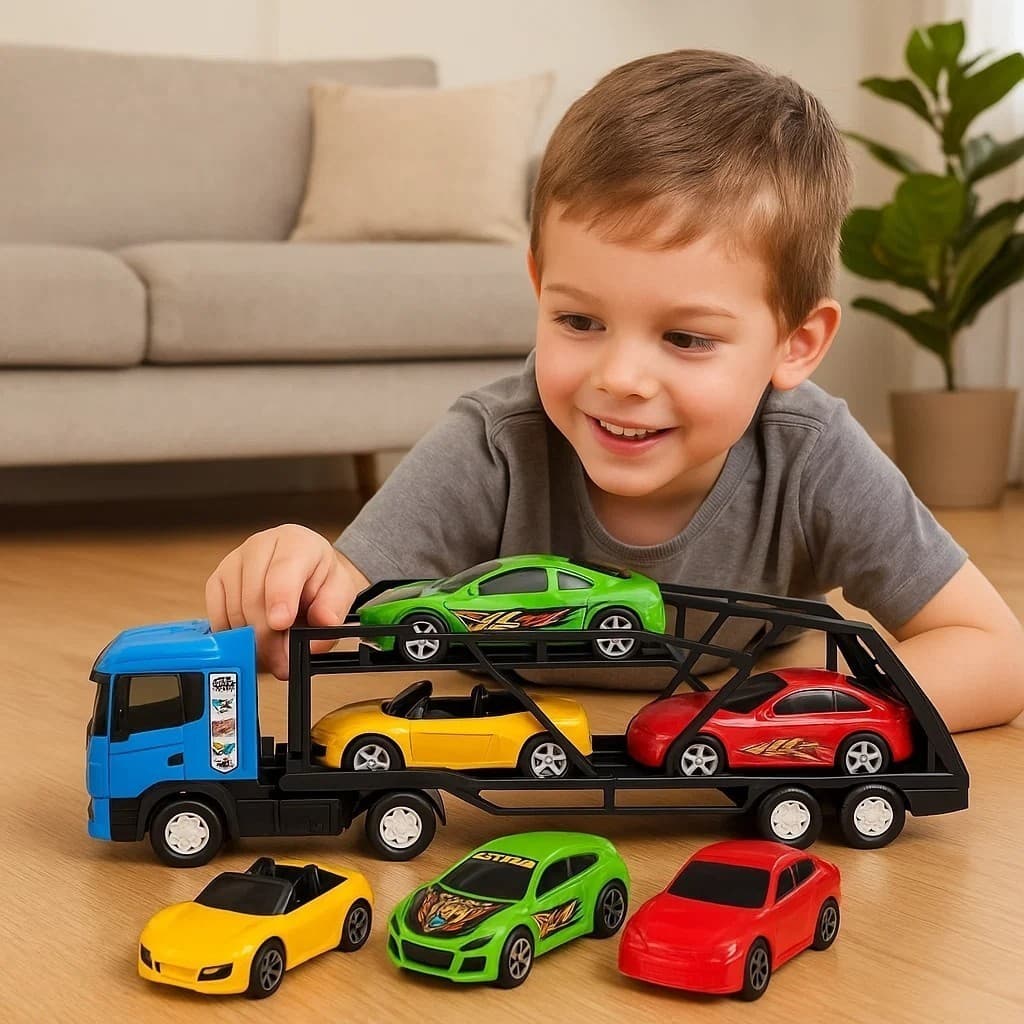 Caminhão Cegonheira com 3 Carrinhos Azul Brinquedo Infantil Transporte Presente