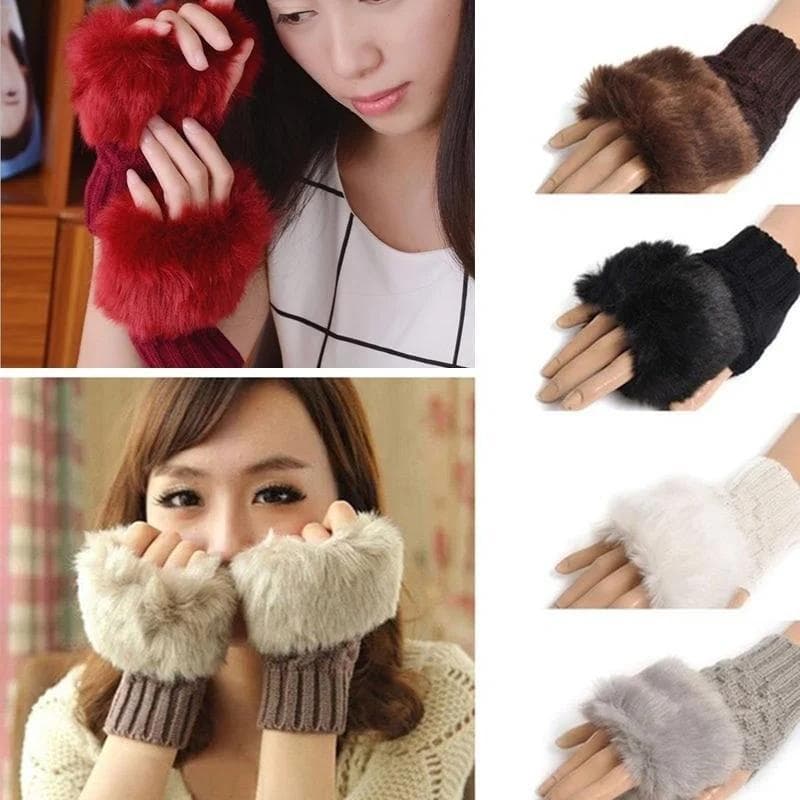 1 Par Moda Bonito Pele De Coelho Falso Mão Inverno Mais Quente Malha Luvas Sem Dedos
