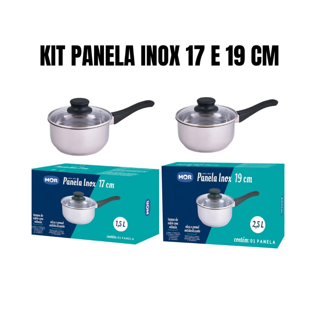 Jogo de Panelas Inox MOR – Panela 17 cm + Panela 19 cm com Tampa de Vidro e Fundo Triplo