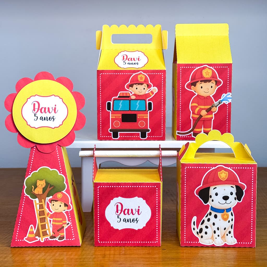 Kit Caixinhas Bombeiro Papelaria Personalizada Festa Aniversário Chá de Bebê Caixa DESMONTADO