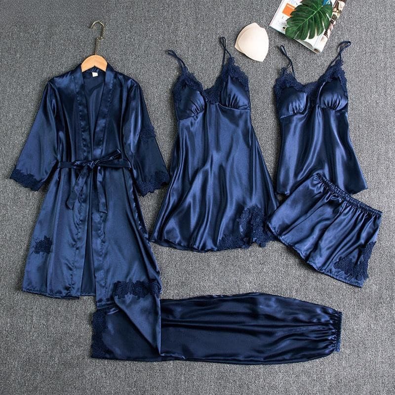 5 Peças Roupão De Seda Roupa De Dormir Feminina Renda Cetim Pijama Conjunto Com Decote Em V Cami Camisola U