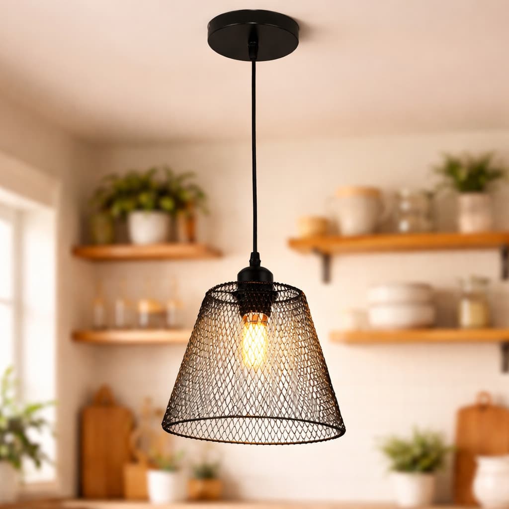 Luminária Pendente Decorativo em Tela Metal Preto 1,50cm