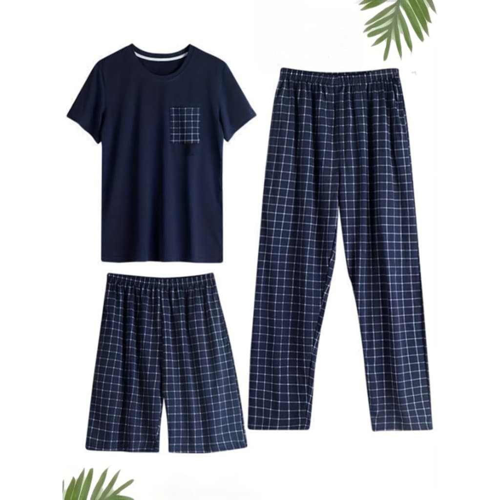 Verão fino masculino de três peças Shorts de manga curta calças compridas Loungewear macio conjunto de pijamas adequados