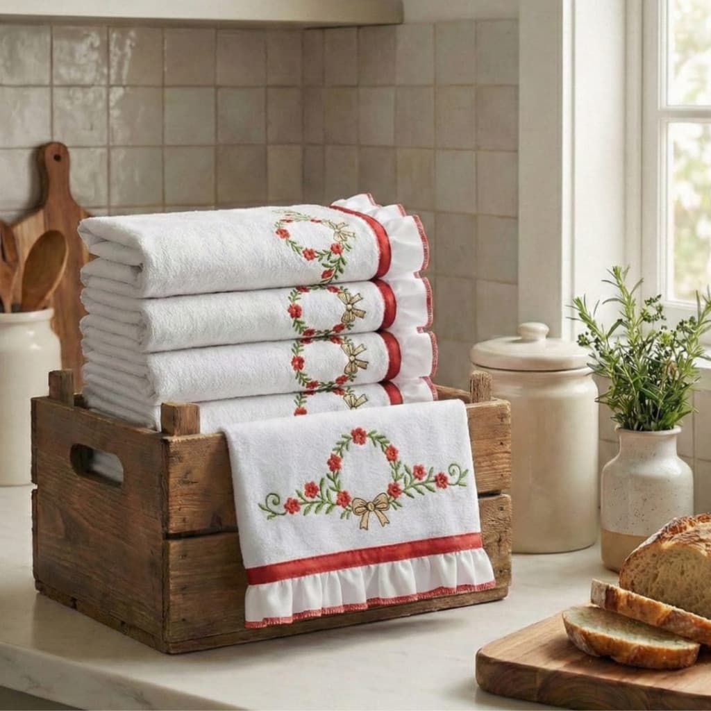 Kit Semaninha Pano De Prato Bordado 7 Peças 100% Algodão Coleção Dallas Luxury