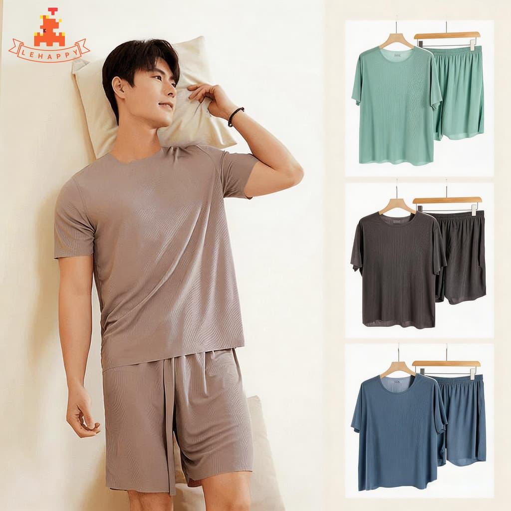 LEHAPPY Pijama Confortável De Alta Elasticidade Para Homens/Conjunto De Masculino De Seda Gelada/Camiseta + Shorts/Pijam