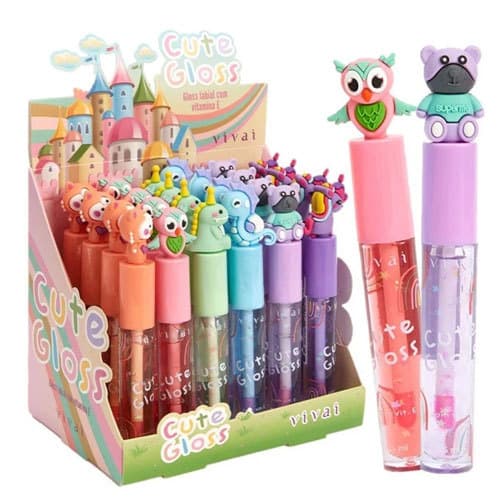 1 Gloss Labial Glitter Vivai Com Bichinhos Kawaii Brilho Labial