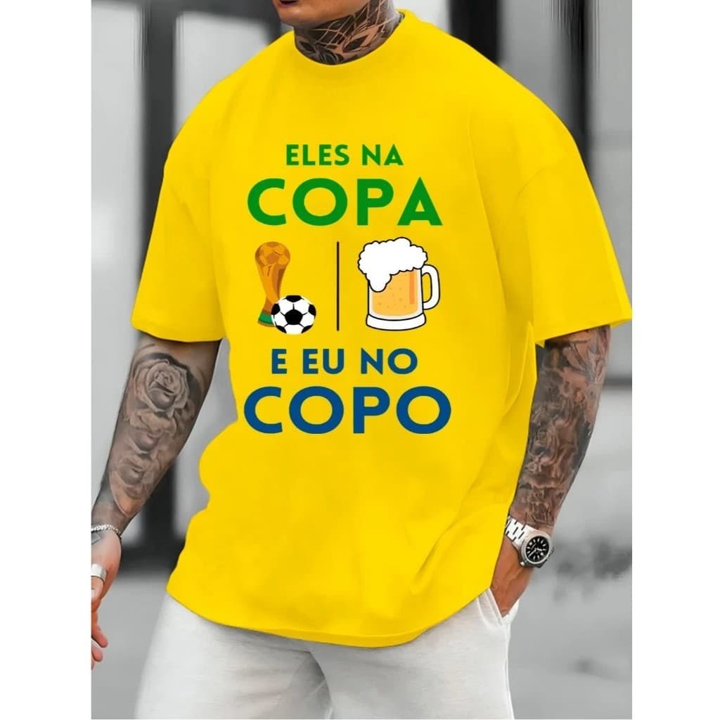 Camiseta Brasil Hexa Unissex  "EU NO COPO" Camisa Algodão T-shirt Copa Do Mundo MEME cAMISETA DIVERTIDA
