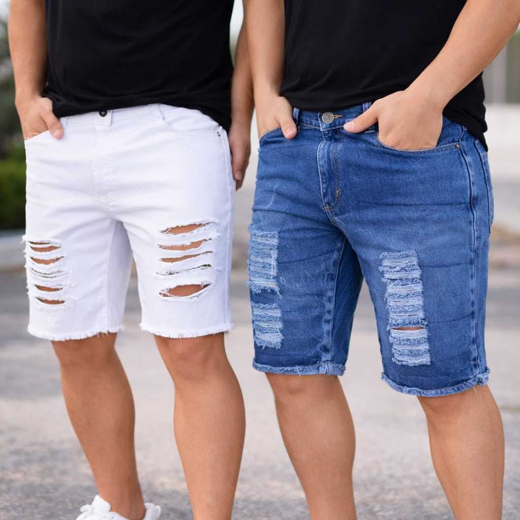 Kit 2 Shorts Jeans Masculino Rasgado Com Lycra