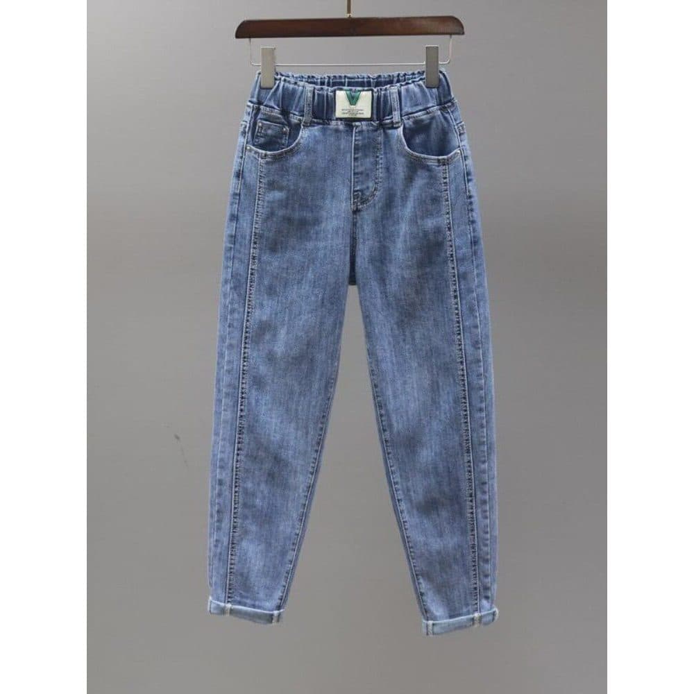 Cintura elástica Jeans feminino primavera novo estilo cintura alta Harem calças elásticas em linha reta mais magro olhar
