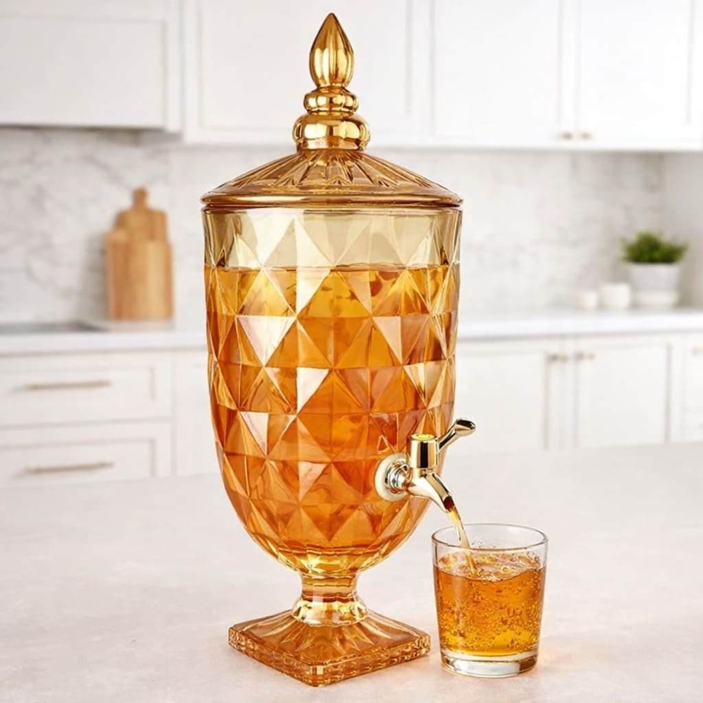 Suqueira Vidro 5L Diamond Dourada Com Torneira Dispenser Bebidas Festa Luxo