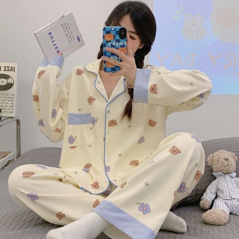 2024 pijamas femininos primavera outono estudantes de manga comprida podem usar fora dos desenhos animados Casual Homewe