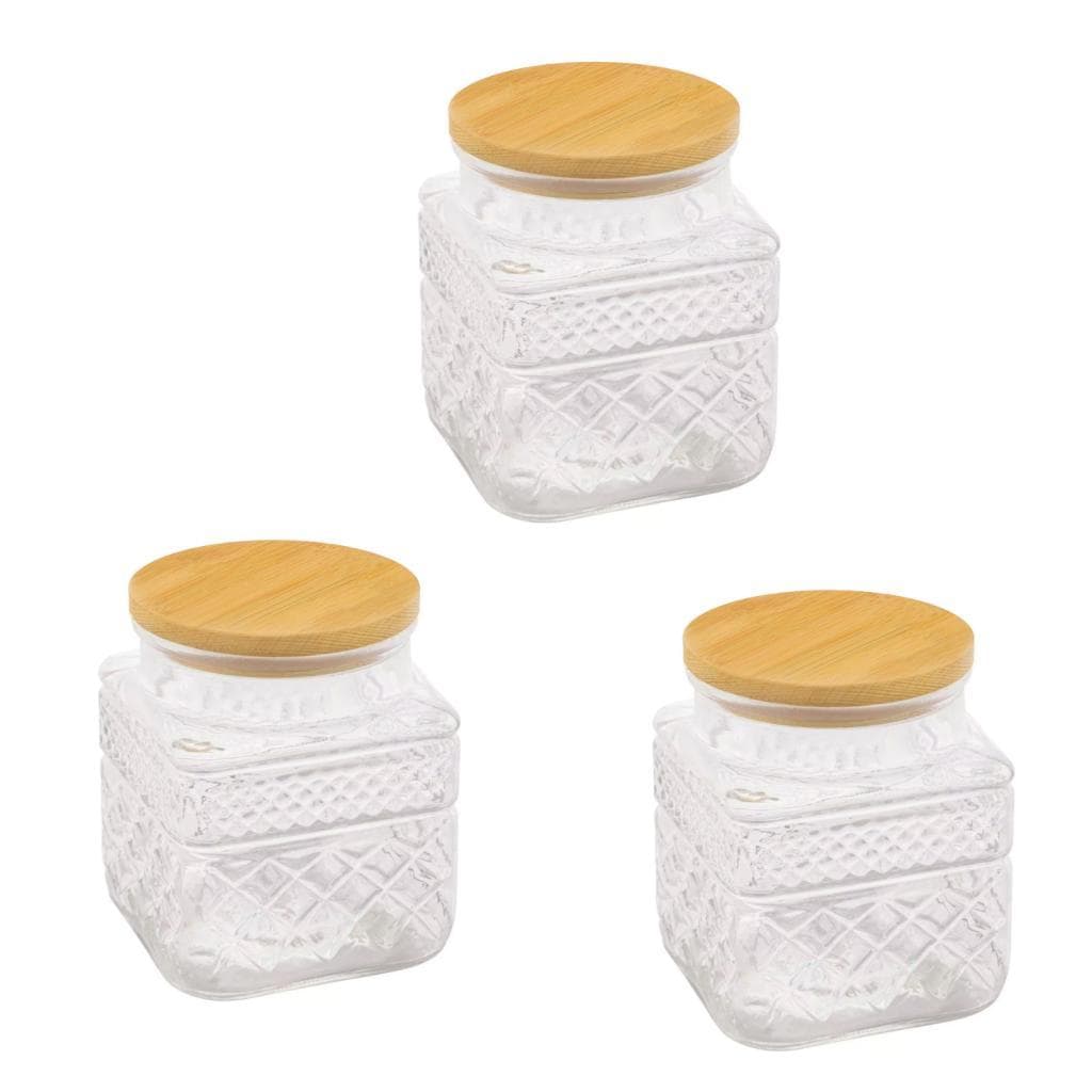 Kit 3 Potes De Vidro Hermético 600ml Com Tampa De Bambu Transparente / Bambu