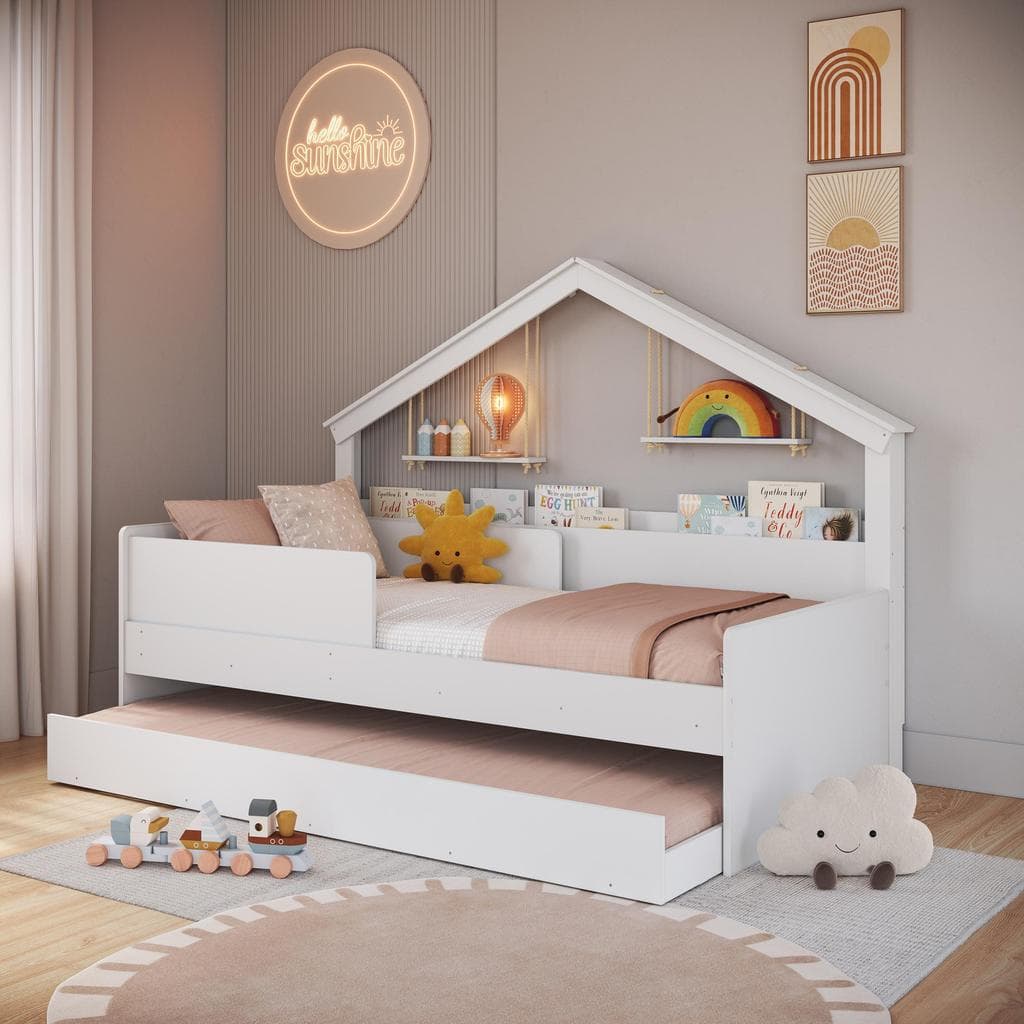 Cama Infantil Montessori de Solteiro 188x88cm em MDP com Cabeceira Estilo Casinha e Cama Auxiliar